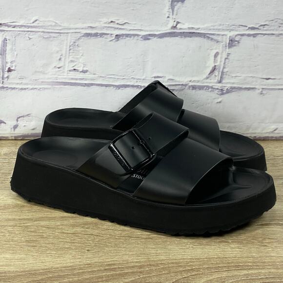 Papillio Birkenstock Almina Black Platform Sandals Women's 39 US 8 Leather Slide - Picture 1 of 9
